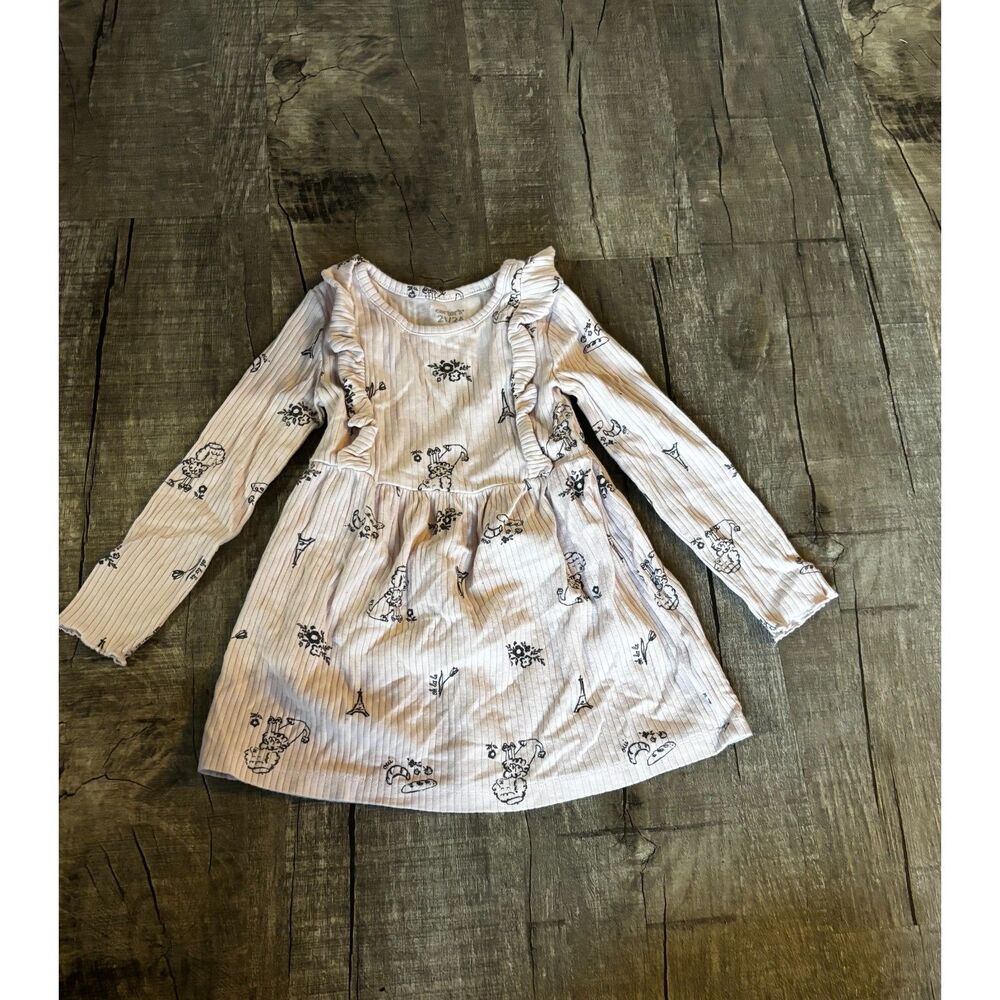 Carter’s Girls Dress 2T Long Sleeve Ribbed Cream Paris Print Ruffle‎ Casual